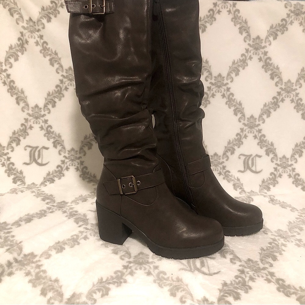 NWT Dark Brown Knee-High Chunky Heel Boots